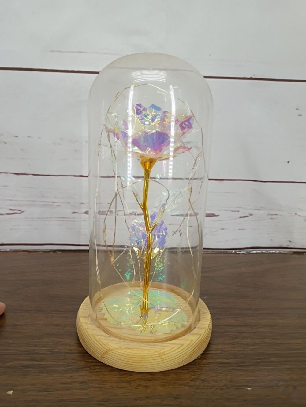 LED Light-Up Forever Rose In Glass Dome On Wooden Base - Rainbow Color Battery O